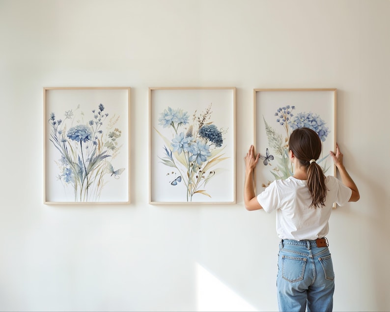 Blue Wildflower Prints Set: Botanical Wall Art, Home Decor, Set of 3 wall art, Livingroom Prints, Bedroom posters, Kitchen wall art image 4