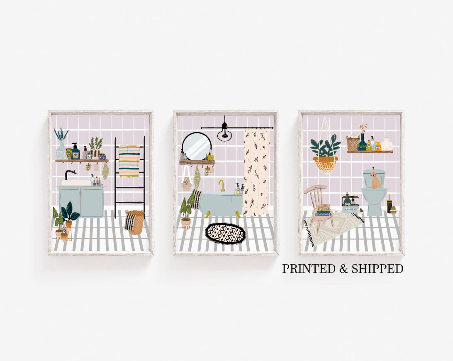 Set of 3 Boho Bathroom Wall Art Bathroom Scene Prints Set of Etsy UK