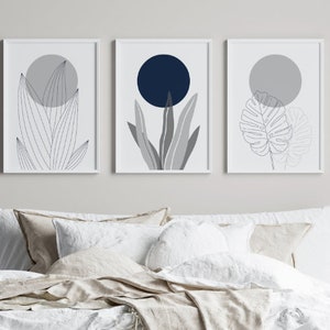 Set of 3 Navy/Grey Botanical Print Set | Botanical Wall Art  | Home Decor | Navy Prints | Leaves | High Quality | FREE P&P (014)