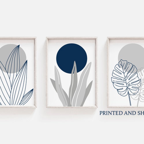 Set of 3 Wall Art Prints Navy Blue Feathers Home Decor Wall Etsy UK
