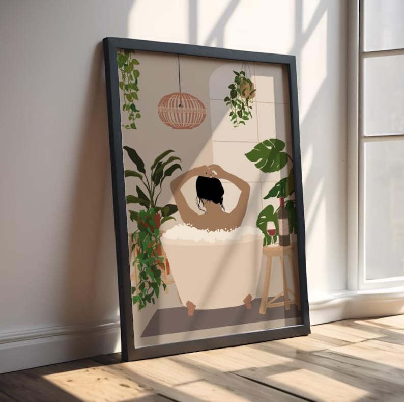 Boho Bathroom Print: Abstract Women, Botanical Leaves MEDIUM