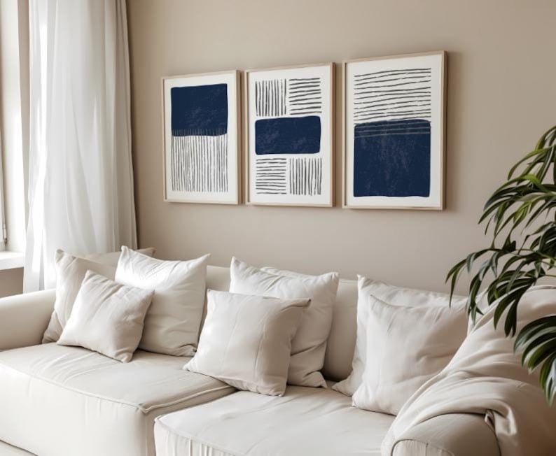 Set of 3 Navy/grey Abstract Wall Prints , Set of 3 Prints, Navy Wall