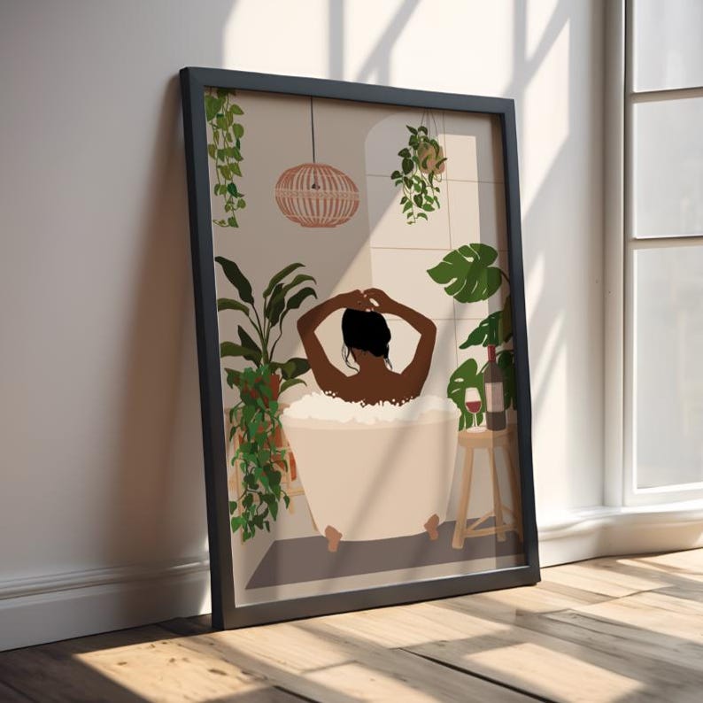May include: A framed illustration of a person relaxing in a bathtub with bubbles, surrounded by plants and a glass of wine on a small table. The bathroom has a light brown tile floor and a white ceiling with a hanging light fixture.