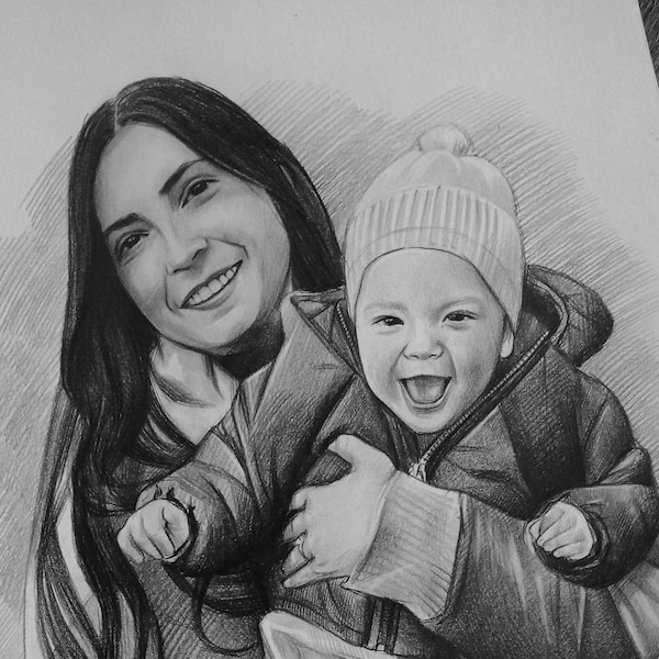 Potloodtekening, aangepaste tekening, potloodportret van foto, handgetekend portret, aangepast portret, schilderijfoto's, familieportret, cadeau