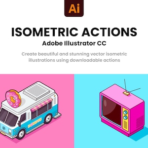 Könnte beinhalten: Isometrische Illustration eines rosafarbenen und blauen Donut-Lastwagens mit einem Donut obenauf und einem rosafarbenen und gelben Fernseher mit Antennen. Der LKW hat den Schriftzug "DONUTS" an der Seite. Die Illustration befindet sich auf einem rosafarbenen und blauen Hintergrund.