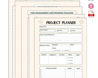 May include: A printable project planner with a beige background and black text. The planner includes sections for project title, project manager, project goals, milestone tracker, task list, resources needed, budget, and notes. The text "TASK MANAGEMENT AND PROGRESS TRACKING" and "PROJECT PLANNER" is at the top of the page. The text "2 VERSIONS | A4 & LETTER SIZE | 6 PAGES" is at the bottom of the page.