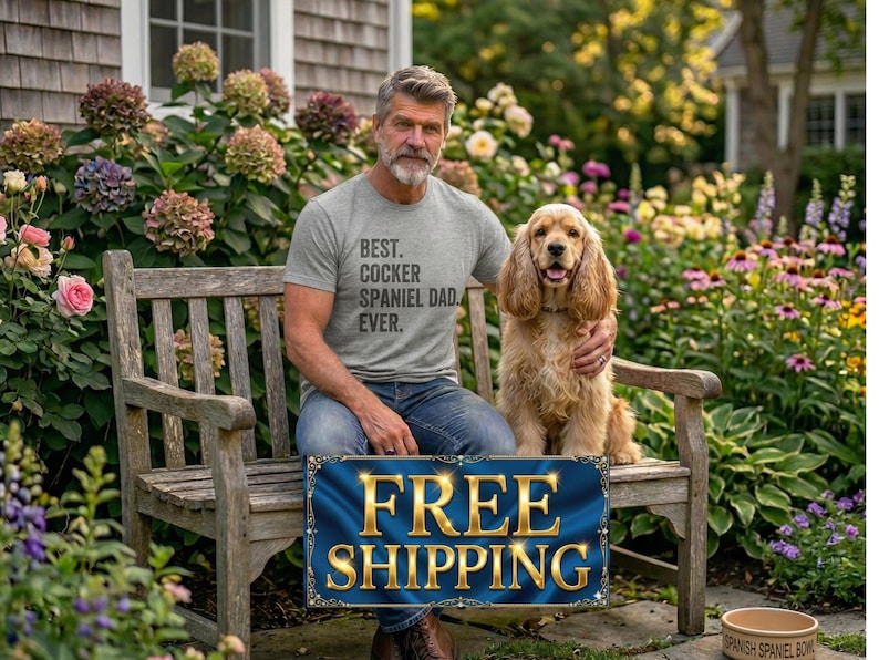 K&ouml;nnte beinhalten: Ein Mann und ein Cocker Spaniel sitzen auf einer Holzbank, umgeben von Blumen. Der Mann tr&auml;gt ein graues T-Shirt mit dem Text "BEST. COCKER SPANIEL DAD. EVER." Ein Schild mit den Worten "FREE SHIPPING" befindet sich vor ihnen.