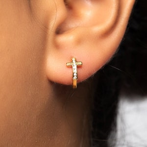 Cross Pave Diamond Huggie Hoops 18K Gold Hoop Earrings Perfect Simple Earrings Confirmation gifts for her for Mom