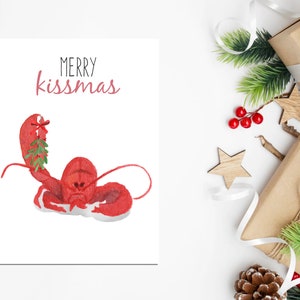 Carte de Noël de homard | Aquarelle | Carte de voeux de Kissmas | Joyeux Noël | Feliz Navidad | Gui | Maritime