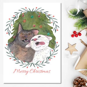 Carte de Noël de chat | de chat | Joyeux Noël | Feliz Navidad | Carte de Noël à l'aquarelle | Cartes faites main | Cartes amusantes