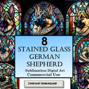 8 German Shepherd Stained Glass Pattern Sublimation Designs, Printable Dog Digital Clip Art, 12in x 12in 300dpi, Commercial Use image 1