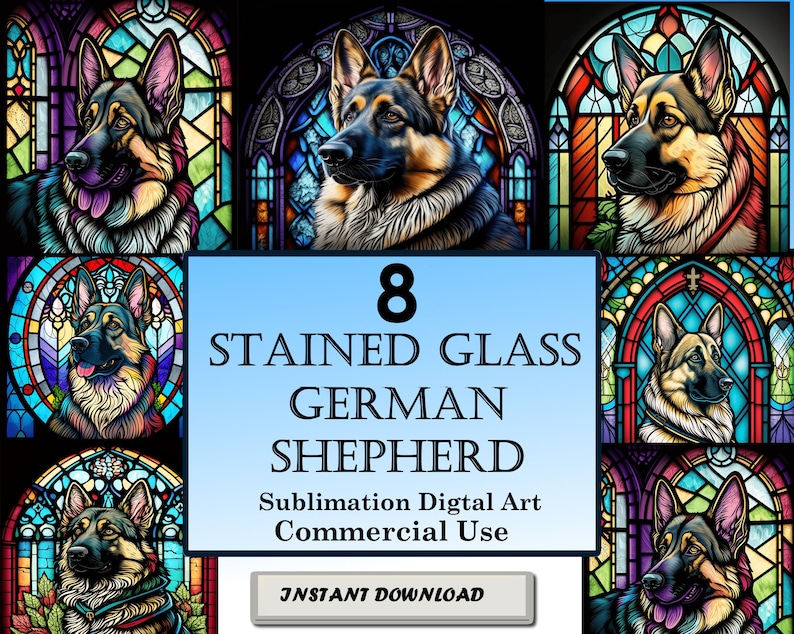 8 German Shepherd Stained Glass Pattern Sublimation Designs, Printable Dog Digital Clip Art, 12in x 12in 300dpi, Commercial Use image 1