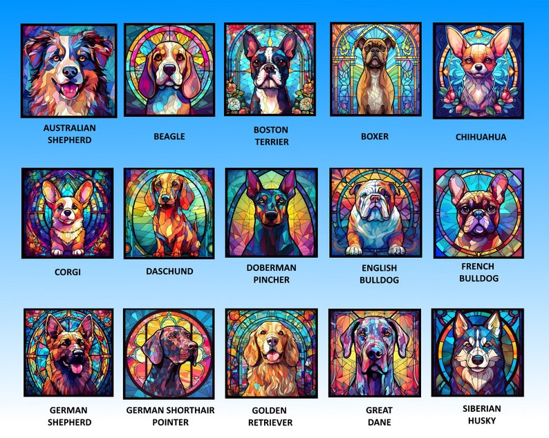 25 Top Dog Breeds Stained Glass Pattern Sublimation Design, Printable Digital Clip Art, Instant Download, 12in x 12in 300dpi image 3