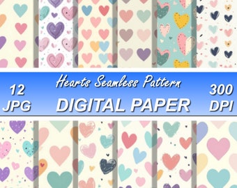 12 Pink Hearts Seamless Pattern Sublimation Design, Printable Digital Paper, Instant Download, 12in x 12in - 300dpi