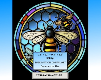 Bee Stained Glass Pattern Sublimation Designs, Printable Bees Digital Clip Art,  300dpi, Commercial Use, Instant Download