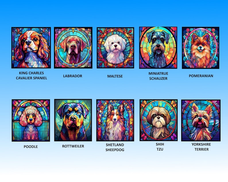 25 Top Dog Breeds Stained Glass Pattern Sublimation Design, Printable Digital Clip Art, Instant Download, 12in x 12in 300dpi image 4