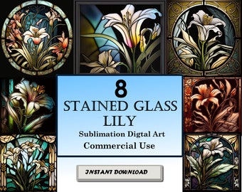 8 Lily Stained Glass Pattern Sublimation Designs, Printable Digital PNG Clip Art, Instant Download, 12in x 12in - 300dpi, Commercial Use