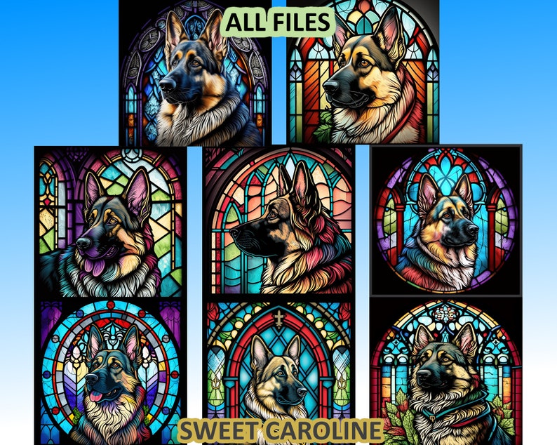 8 German Shepherd Stained Glass Pattern Sublimation Designs, Printable Dog Digital Clip Art, 12in x 12in 300dpi, Commercial Use image 2