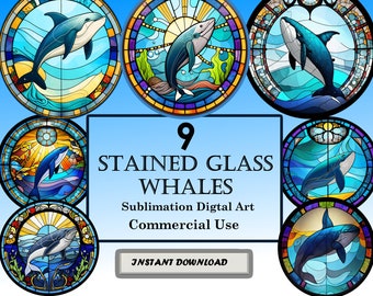 9 Whales Stained Glass Pattern Sublimation Design, Printable Digital Whales Clip Art, Instant Download, 12in x 12in - 300dpi, Commercial Use