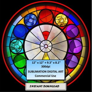 May include: A colorful stained glass window design with a circular pattern of red, orange, yellow, green, blue, purple, and black. The design is 12 inches by 12 inches plus 9.3 inches by 8.2 inches and 300 dpi. The text "Sublimation Digital Art" and "Commercial Use" is included in the image.