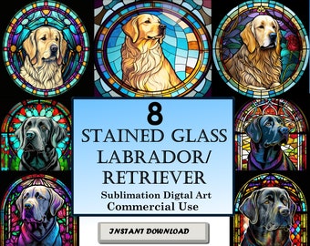 8 Labrador Retriever Stained Glass Pattern Sublimation Designs, Printable Dog Digital Clip Art,  12in x 12in - 300dpi, Commercial Use