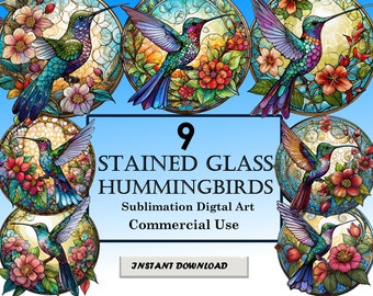 9 Hummingbirds Stained Glass Pattern Sublimation Design, Printable Digital Clip Art, Instant Download, 12in x 12in - 300dpi