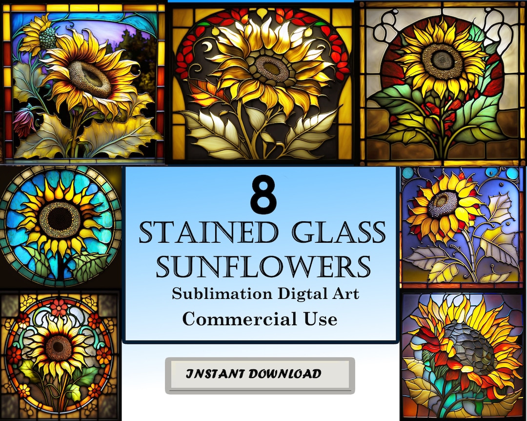 8 Sunflower Stained Glass Pattern Sublimation Design, Printable Digital ...