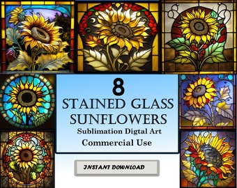 8 Sunflower Stained Glass Pattern Sublimation Design, Printable Digital PNG Clip Art, Instant Download, 12in x 12in - 300dpi, Commercial Use