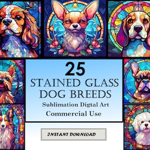 25 Top Dog Breeds Stained Glass Pattern Sublimation Design, Printable Digital Clip Art, Instant Download, 12in x 12in 300dpi image 1