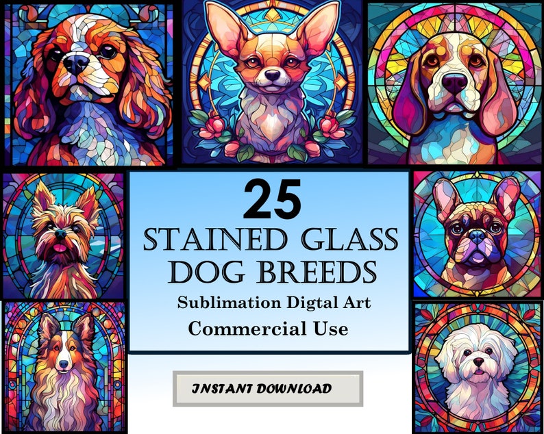 25 Top Dog Breeds Stained Glass Pattern Sublimation Design, Printable Digital Clip Art, Instant Download, 12in x 12in 300dpi image 1