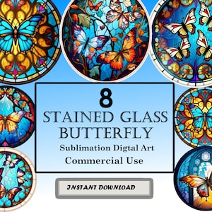8 Design de sublimação de padrão de vitral de borboleta, clipart digital PNG para impressão, download instantâneo, 12 pol. x 12 pol. - 300 dpi, uso comercial