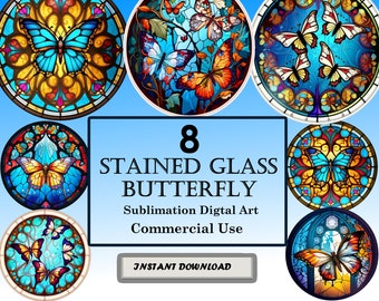 8 Butterfly Stained Glass Pattern Sublimation Design, Printable Digital PNG Clip Art, Instant Download, 12in x 12in - 300dpi, Commercial Use