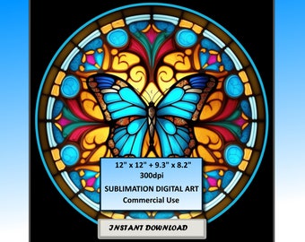Butterfly Stained Glass Pattern Sublimation Designs, Printable Meditation Digital Clip Art,  300dpi, Commercial Use, Instant Download