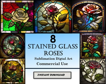 8 Rose Stained Glass Pattern Sublimation Design, Printable Flower Digita Clip Art, Instant Download, 12in x 12in - 300dpi, Commercial Use