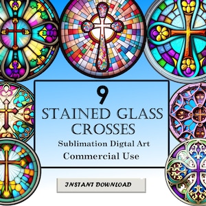 9 Crosses Stained Glass Pattern Sublimation Designs, Printable Digital Clip Art, Instant Download, 12in x 12in - 300dpi, Commercial Use