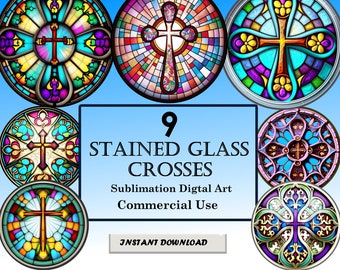 9 Crosses Stained Glass Pattern Sublimation Designs, Printable Digital Clip Art, Instant Download, 12in x 12in - 300dpi, Commercial Use