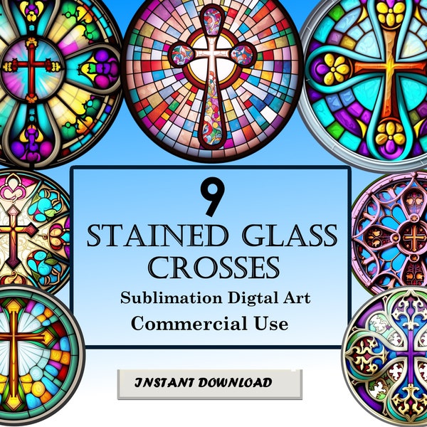 9 Crosses Stained Glass Pattern Sublimation Designs, Printable Digital Clip Art, Instant Download, 12in x 12in - 300dpi, Commercial Use