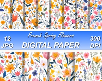 12 French Spring Flowers Pattern Sublimation Design, Printable Digital Paper, Instant Download, 12in x 12in - 300dpi