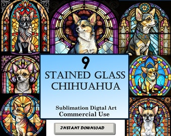 9 Chihuahua Dogs Stained Glass Pattern Sublimation Designs, Printable Dog Digital Clip Art,  12in x 12in - 300dpi, Commercial Use