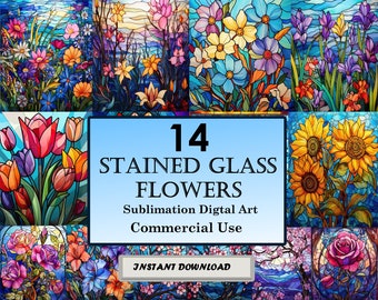 14 Stained Glass Flower Designs: PNG Clip Art (Digital Download)