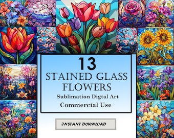 13 Colorful Flowers Stained Glass Pattern Sublimation Design, Printable Digital Clip Art, Instant Download, 12in x 12in - 300dpi