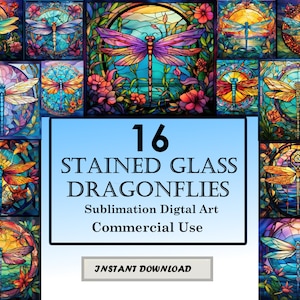 May include: A digital download of 16 stained glass dragonfly designs. The designs are colorful and intricate, with a variety of colors and patterns. The designs are perfect for use in crafts, home decor, and more.  "16 STAINED GLASS DRAGONFLIES Sublimation Digital Art Commercial Use INSTANT DOWNLOAD"