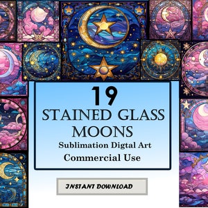 Diseño de sublimación de patrón de vidrieras de 19 lunas celestiales, imágenes prediseñadas digitales imprimibles, descarga instantánea, 12 pulgadas x 12 pulgadas - 300 ppp