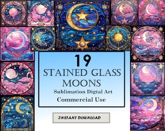 19 Celestial Moons Stained Glass Pattern Sublimation Design, Printable Digital Clip Art, Instant Download, 12in x 12in - 300dpi