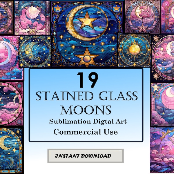 19 Celestial Moons Stained Glass Pattern Sublimation Design, Printable Digital Clip Art, Instant Download, 12in x 12in - 300dpi