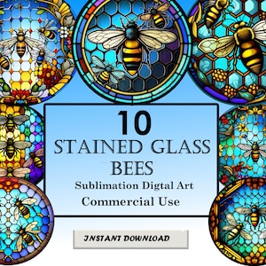 May include: Ten stained glass digital art images of bees in various poses. The bees are surrounded by honeycomb and flowers. The images are perfect for sublimation projects and commercial use.  INSTANT DOWNLOAD.