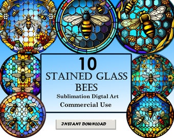 10 Bees Stained Glass Sublimation Design Pattern, Printable Bee Digital PNG Clip Art, Instant Download, 12in x 12in - 300dpi, Commercial Use