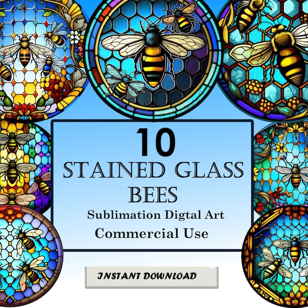 10 Bees Stained Glass Sublimation Design Pattern, Printable Bee Digital PNG Clip Art, Instant Download, 12in x 12in - 300dpi, Commercial Use