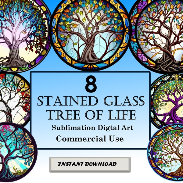 8 Tree of Life Stained Glass Pattern Sublimation Design, Clip Art numérique imprimable, Téléchargement instantané, 12in x 12in - 300dpi, Utilisation commerciale