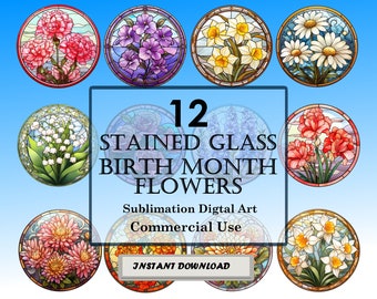 12 Birth Year Flowers Stained Glass Pattern Sublimation Design, Printable Digital PNG Clip Art, Instant Download, 300dpi, Commercial Use